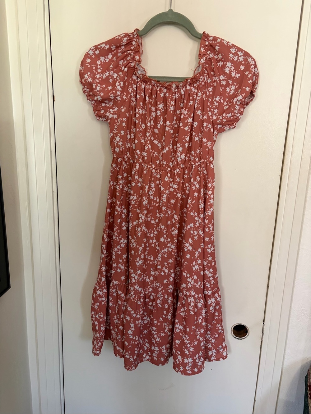 Girls Rust Floral Puff-Sleeve Casual Dress